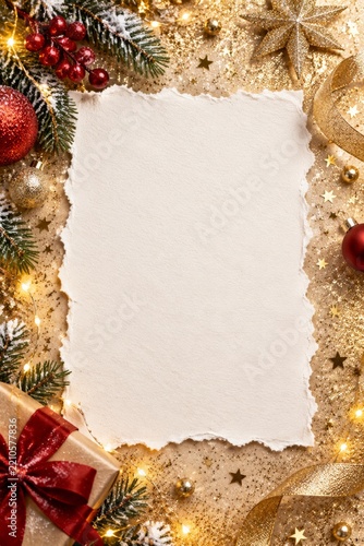 Blank Holiday Paper Surrounded by Festive Decorations With Gifts and Lights