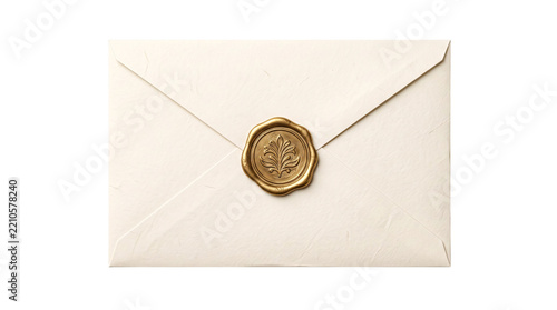 Sealed envelope with golden wax seal on isolated background