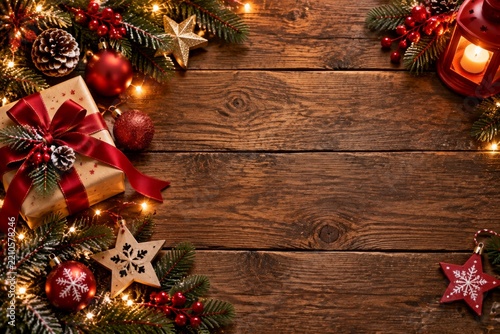 Christmas Decorations on Wooden Table With Gift, Ornaments, and Lights