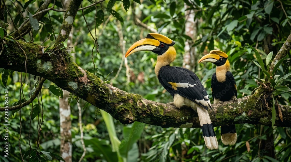 Fototapeta premium Great Hornbill Buceros Bicornis Pair Perched on Mossy Tree Branch in Tropical Rainforest Canopy