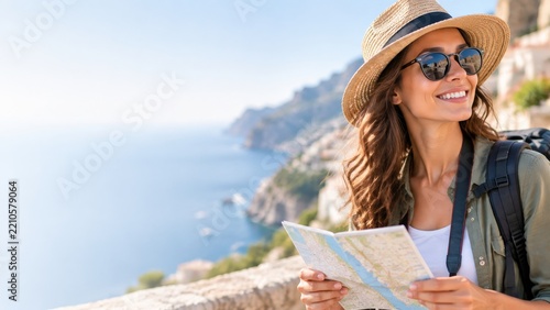 Woman Explores Coastal Location With Map and Backpack During Daytime