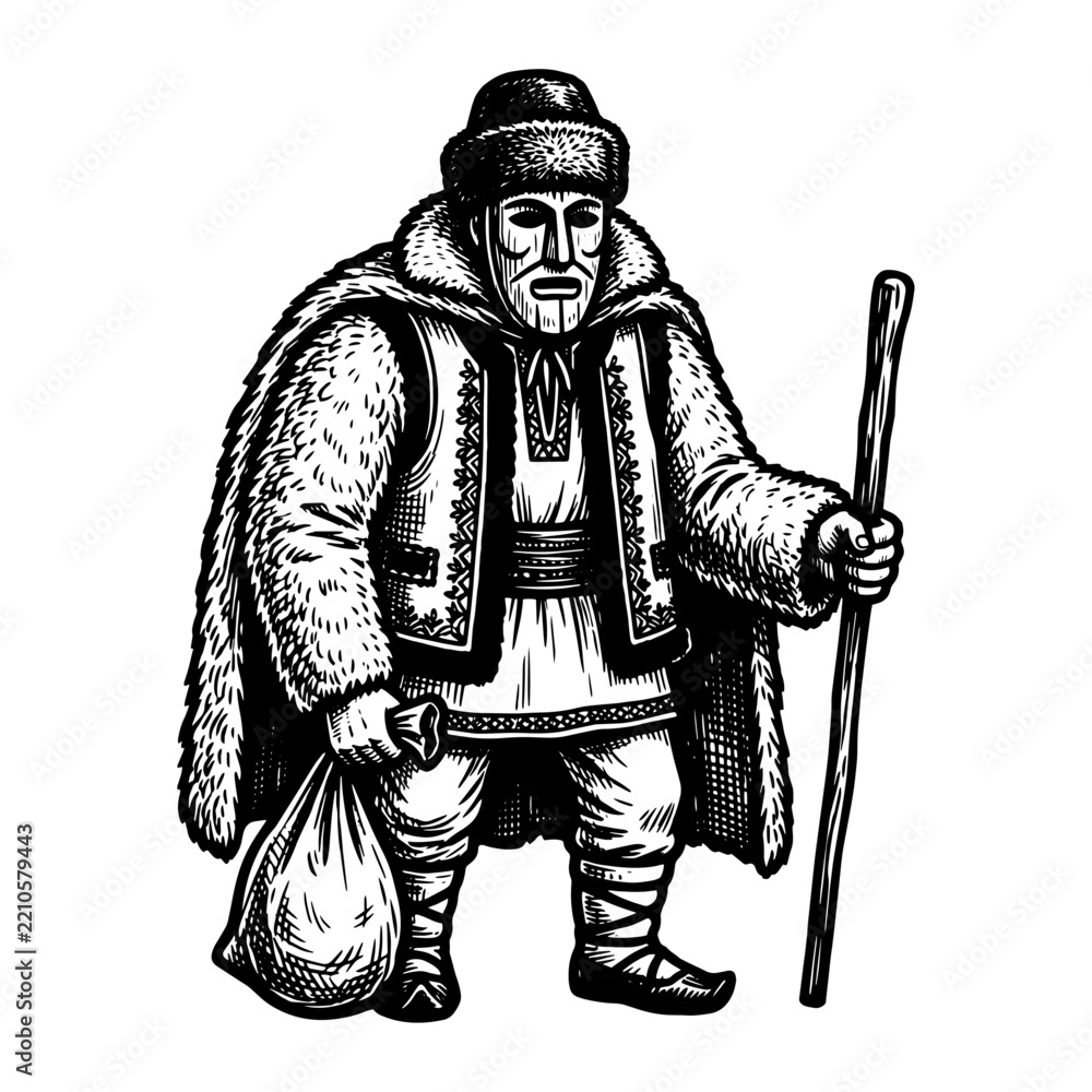Fototapeta premium Traditional folk character in winter fur clothing holding a staff and