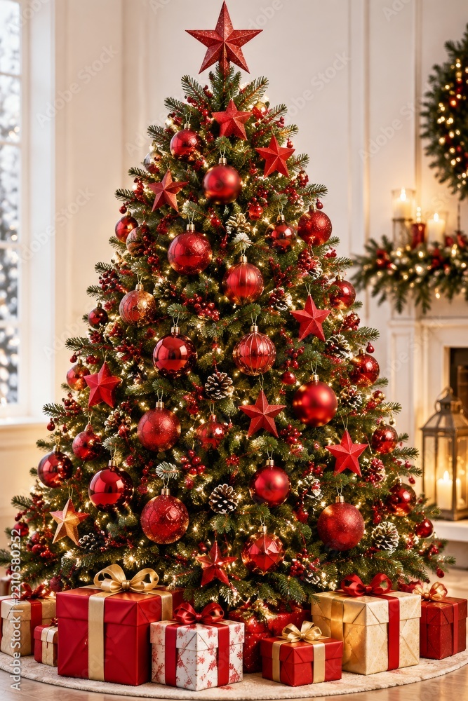 Obraz premium Decorated Christmas Tree With Gifts in a Cozy Indoor Setting