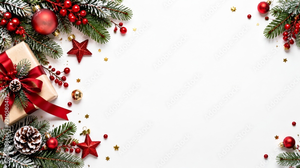 Obraz premium Christmas Decoration With Gift, Ornaments, and Pine Branches on White Background