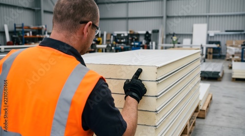 Male worker in high-visibility vest inspecting stack of insulated sandwich panels in a warehouse for industrial quality control and production efficiency concept.