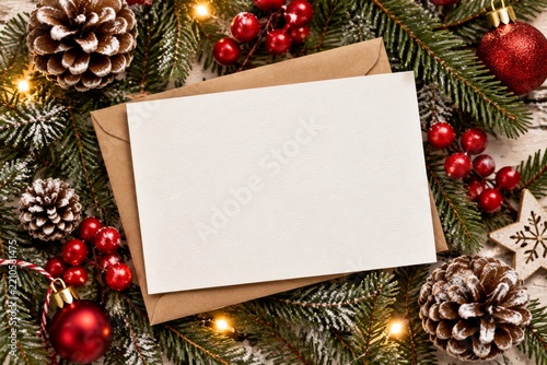 Winter Holiday Decorations With Envelope and Blank Card on Table