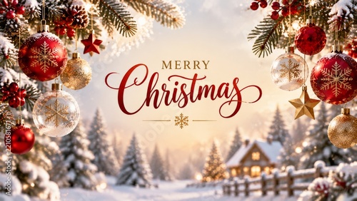 Merry Christmas Decorations in Winter Landscape With Snow and Trees