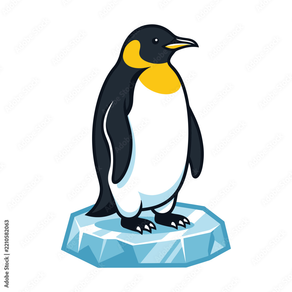 Obraz premium Cute Emperor Penguin Flat Vector Icon Standing on Iceberg Isolated on White Background, Antarctic Wildlife Illustration for Winter and Nature Designs