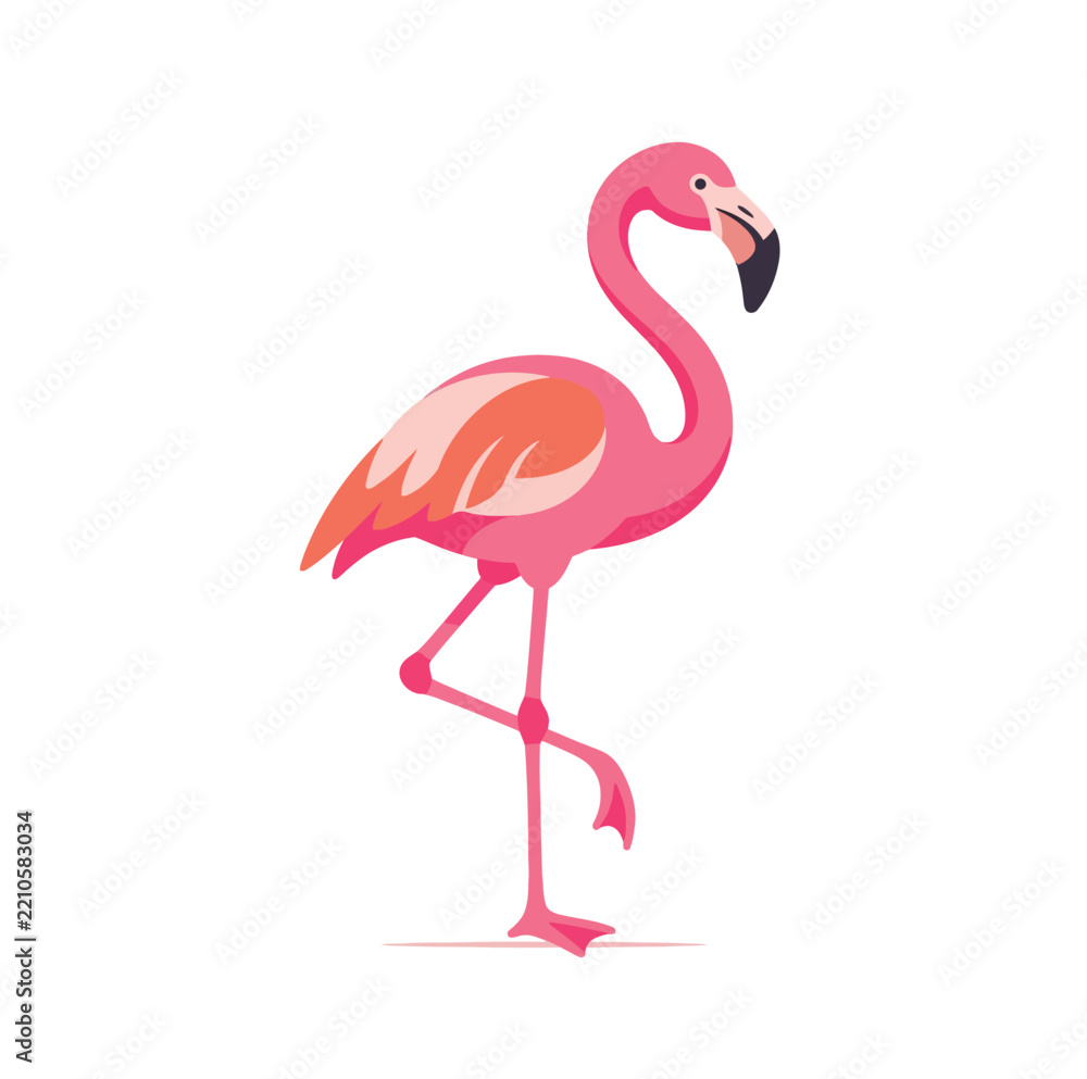 Obraz premium Pink Flamingo Standing on One Leg Flat Vector Icon Isolated on White Background. Modern Minimalist Tropical Bird Illustration for Summer Nature