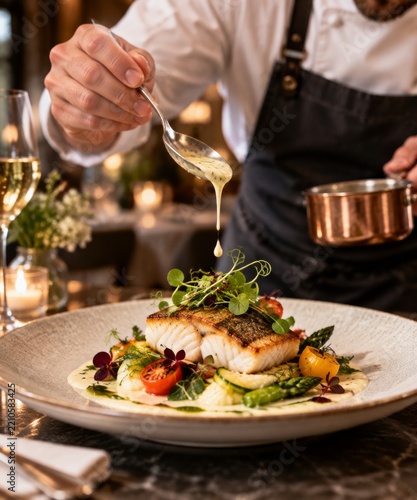 Chef Drizzles Sauce Over Grilled Fish Dish in Restaurant Setting