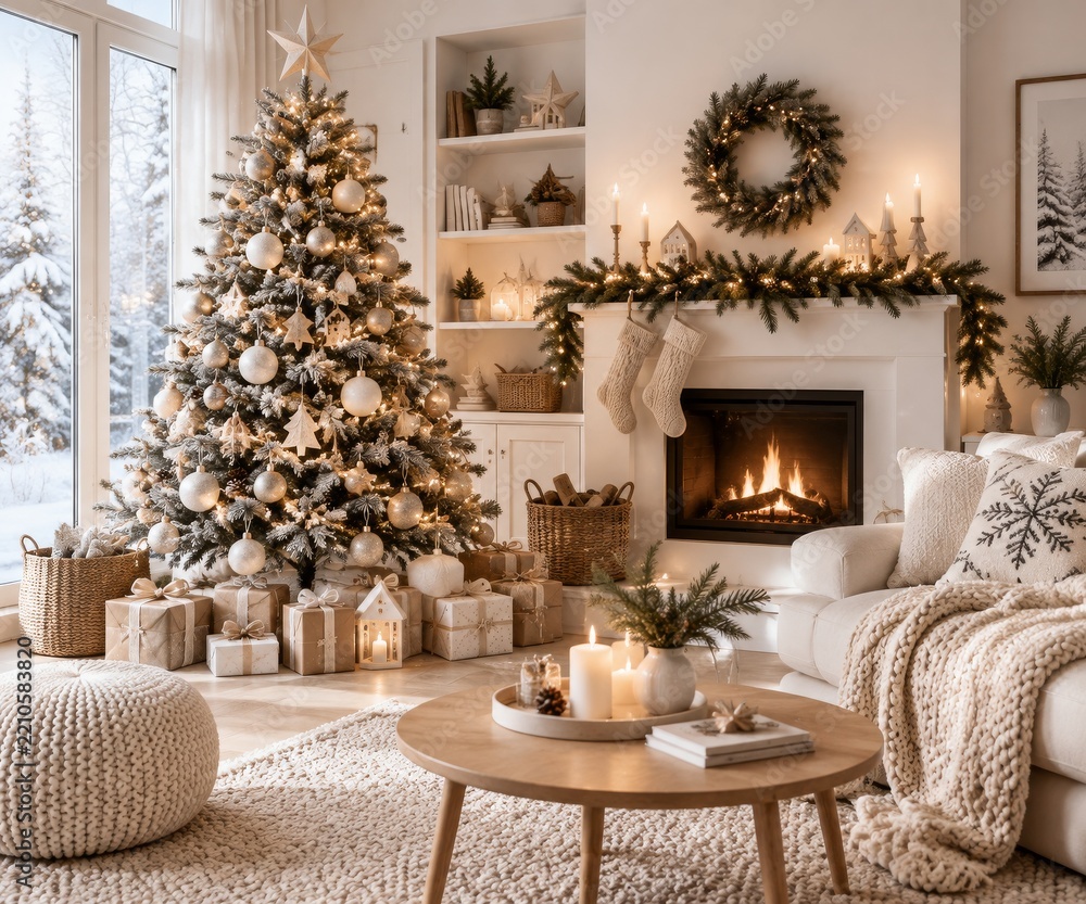 Fototapeta premium Holiday Decorations in a Cozy Living Room With a Christmas Tree and Warm Fireplace