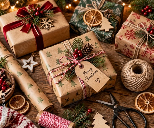 Holiday Gift Wrapping Scene With Christmas Decorations and Presents