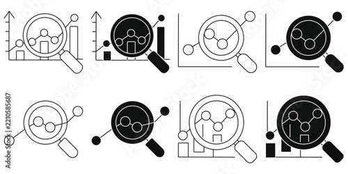 Business Analytics and Market Research Line Icon Set - Editable Stroke Financial Data Analysis, Magnifying Glass Graph, Chart Inspection Icons Vector