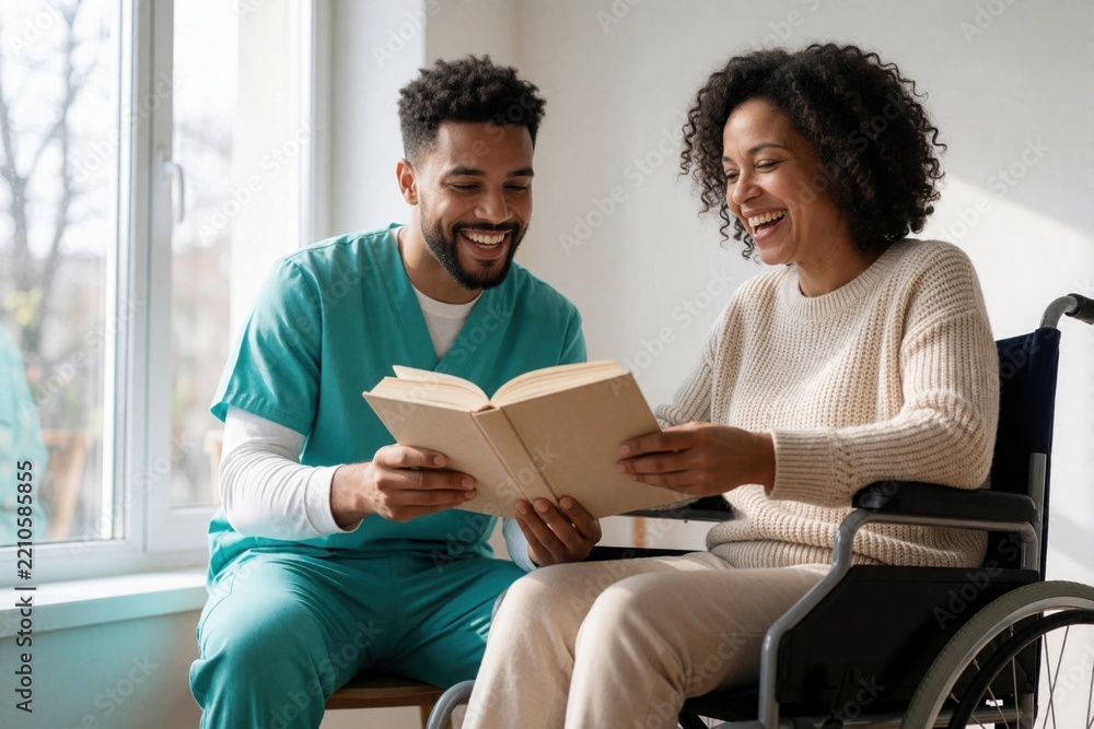 Obraz premium Male caregiver reads book to smiling woman in wheelchair. Professional nurse provides support, companionship in home care facility. Happy patient enjoys reading time with helper. Emotional connection