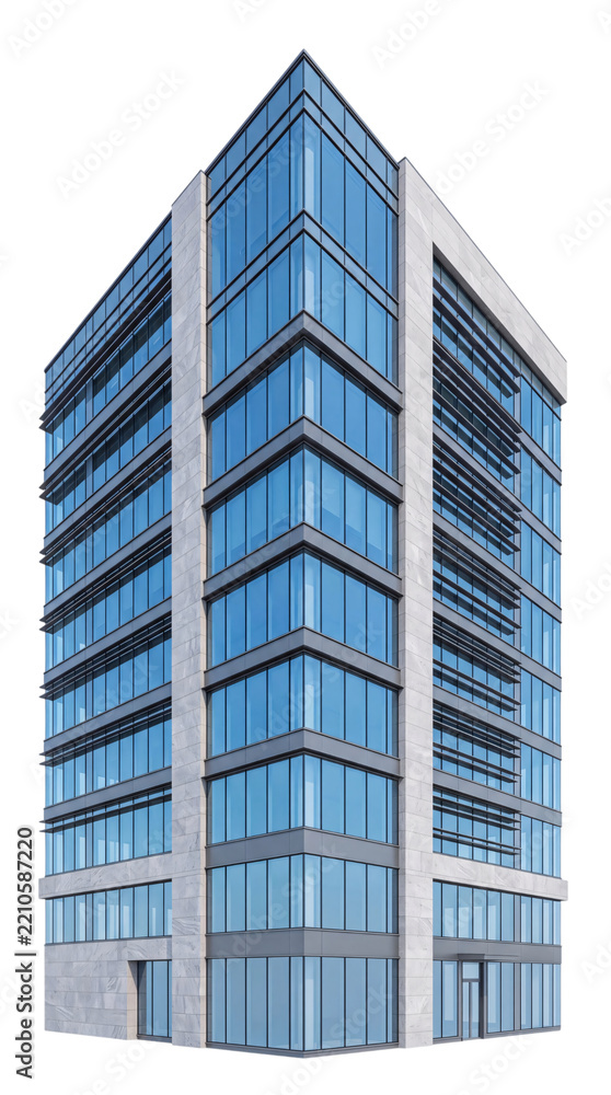 Fototapeta premium Tall office building with blue isolated on png transparent background