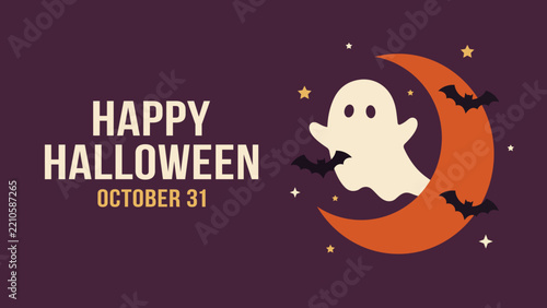 Spooky Halloween Ghost With Moon Stars And Bats Banner Flat Vector Design Art