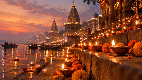 Rows of Lit Clay Lamps and Fresh Flowers Adorning River Ghat Steps During Dev Deepawali Celebration in Varanasi at Sunset
