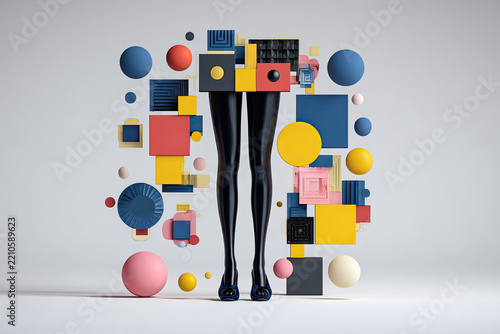 abstract surreal fashion concept, funny contemporary art. Colorful geometric objects and black legs isolated on white background. Modern minimal sculpture 