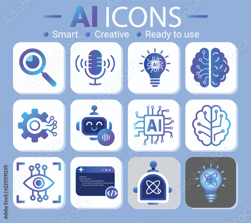 3D Cartoon Gradient Artificial Intelligence Icons Set