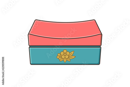 Korean Bege Pillow Illustration with Golden Plum Blossom Emblem on Teal and Coral Headrest