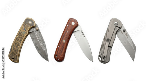 Three Custom Folding Pocket Knives with Damascus Steel, Wood Handle and Titanium Body