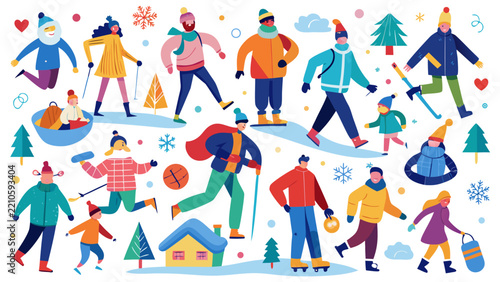 Winter activities. Various people. Cozy winter clothes and other stuff. Big colored vector set. All elements are isolated. vector
