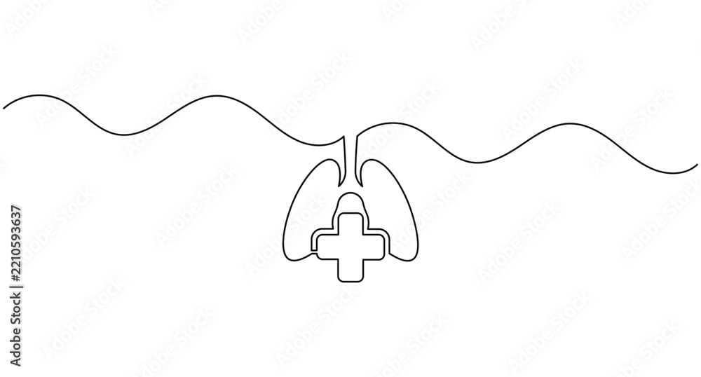 Obraz premium Human lung with medical cross continuous one line drawing minimalist anatomy vector illustration with editable stroke