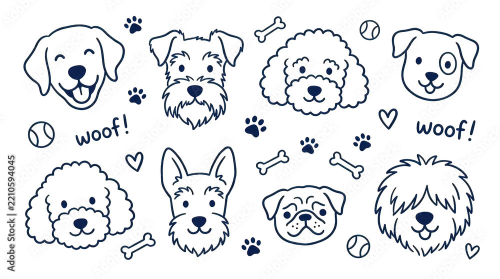 Obraz premium Cute hand drawn dog faces set isolated on transparent background