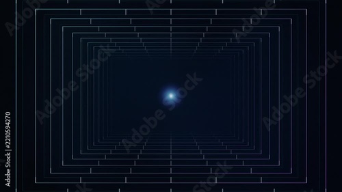Abstract background featuring a glowing digital tunnel with concentric geometric rectangle shapes and light lines