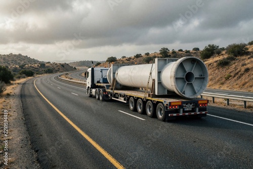 Heavy duty truck carries large industrial concrete columns on flatbed trailer along highway. Special oversized cargo transport moves through hilly landscape under cloudy sky. Freight delivery for