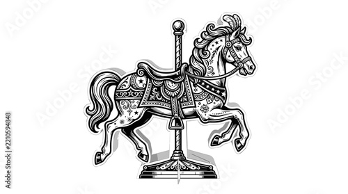Vintage Carousel Horse Illustration Black and White.
