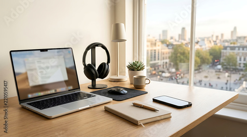 A sleek laptop, headphones, and a notebook are neatly arranged on a wooden desk, capturing a picturesque city view through a large window.