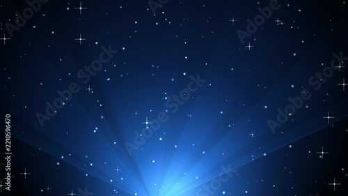 Abstract blue background with glowing light rays and twinkling stars pattern