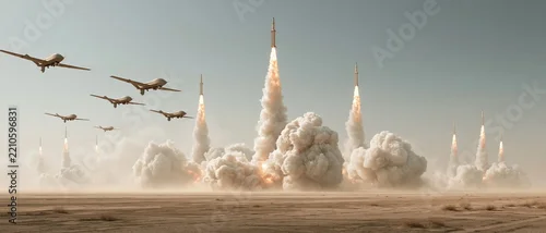 Panel kuchenny z motywem An epic low-angle panoramic photograph capturing a swarm of military drones flying in formation through the sky as multiple missiles launch simultaneously from a vast desert landscape