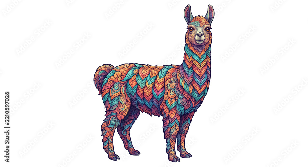 Obraz premium Vibrant Llama With Colorful Chevron Wavy Pattern Isolated on Transparent Background