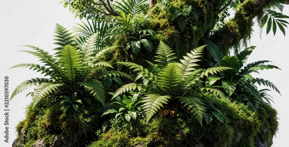 Obraz premium Rich tropical fern plants, green moss grow on large rocks. Exotic jungle foliage with various leaf shapes creates dense vegetation. Botanical garden greenery thrives in damp rainforest environment.