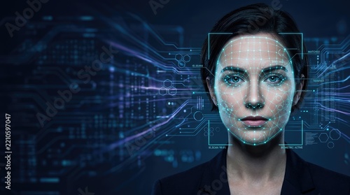 A woman with dark hair is being scanned by a facial recognition system. A digital overlay displays a grid highlighting her facial features, indicating biometric analysis.