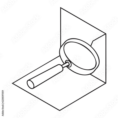 magnifying glass isometric line art of a magnifying glass on an open book or paper.