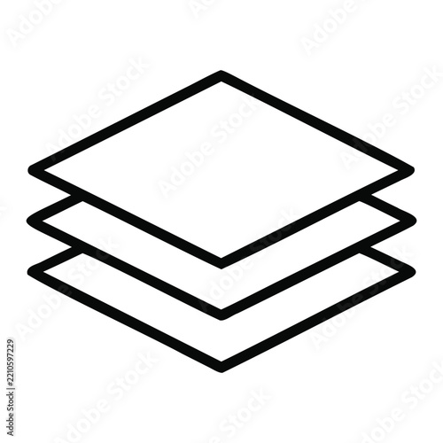 Stack of three square layers outline icon symbolizing user interface levels and data sheets.