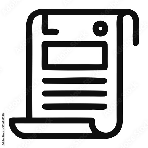 Handdrawn style paper scroll outline icon with structured text sections and header details.