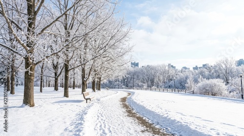 Snow-covered trees line a pathway in a park. The trees are heavily frosted with ice, creating a sparkling winter scene.