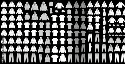 Large collection of clothing flat sketches. Apparel technical drawings include hoodies, t-shirts, pants, jackets, accessories. Fashion designer templates for streetwear tech packs, garment