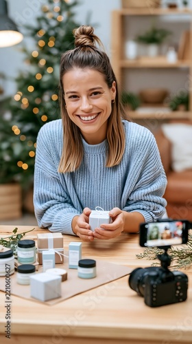 Holiday social commerce campaign featuring a content creator presenting gift ideas, product samples, smartphone recording equipment and festive studio styling