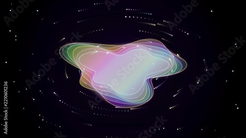 Abstract liquid shape with glowing holographic contours and digital particle motion