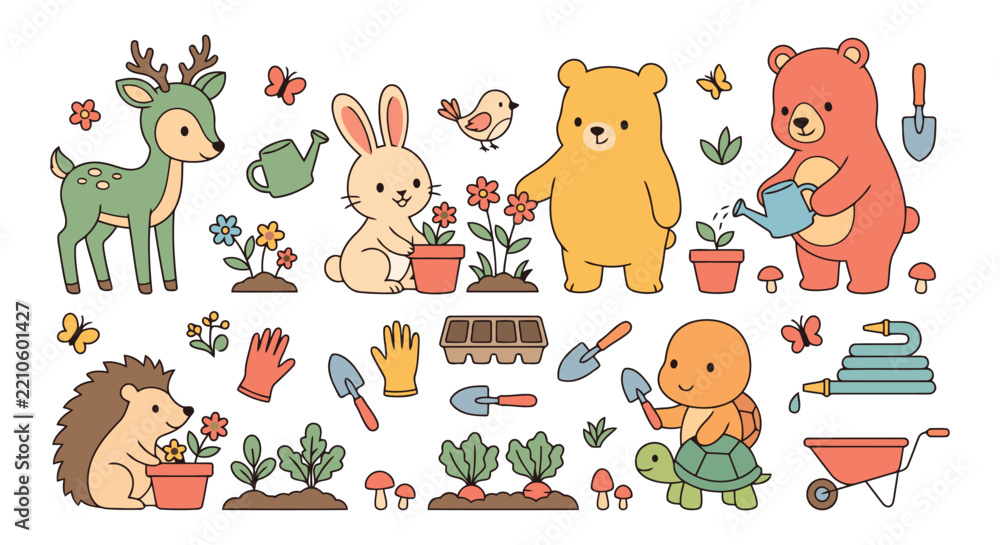 Obraz premium Cute cartoon animals gardening set with plants and tools