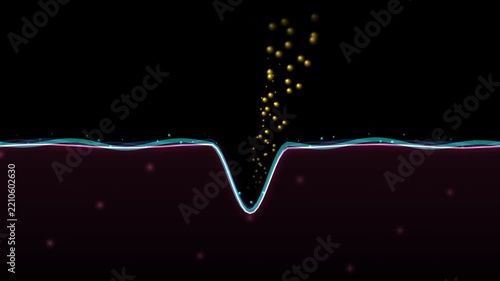 Abstract science background showing molecular interaction or drug delivery into skin layers with glowing particles