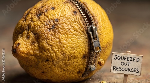 Lemon with Metal Zipper and Squeezed Out Resources Sign Representing Financial Depletion and Economic Scarcity