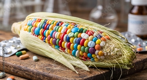 Corn cob made of colorful pharmaceutical pills on a wooden table with medicine blisters and bottles
