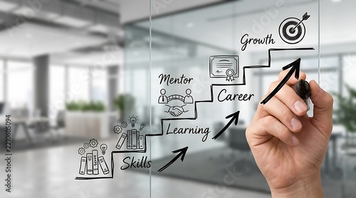 Hand drawing a career development ladder concept on a clear glass office wall.