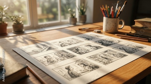 Layout of storyboard sketches with hand-drawn illustrations and art tools in a studio setting.